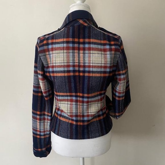 HOLLISTER Women M Moto Jacket Navy Wool Plaid Side Zip Fitted Lined Jacket - Picture 4 of 12